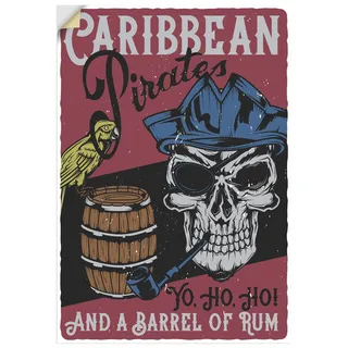ARTLAND Wanddeko Wandtattoo selbstklebende Vinylfolie Vintage Karibik Piraten Motiv mit Totenkopf, Papagei & Rumfass 'Yo Ho Ho and a Barrel of Rum' Q4VD