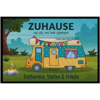 OM3® lustige Fußmatte mit Spruch - Zuhause ist da, wo wir Parken Wohnmobil - personalisiert Wunschname Name anpassbar - für Camper Camping Wohnwagen II - rutschfest & waschbar - 60x40cm -