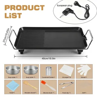Elektrischer rauchfreier Grill - Teppanyaki Tischgrill - 1500W - Indoor Elektrogrill - tragbare BBQ Grillplatte - leicht zu reinigen - schwarz - Schwarz
