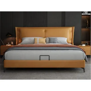mukuhi Polsterbett Lederbett 180x200 cm Echtleder Polsterbett mit Bettkasten Cognac
