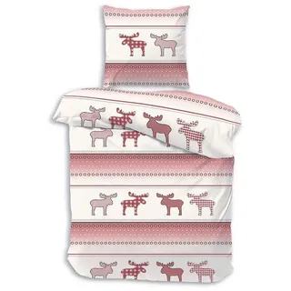 DOBNIG Bettwäsche Flanell, Flanell, 2 teilig, Elch, weihnachtlich.rubin rot