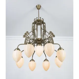 Licht-Erlebnisse Pendelleuchte D288, ohne Leuchtmittel, Messing Glas E27 H: max. 137 cm in Berliner Elfenbein Jugendstil bunt
