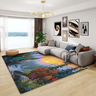 Teppich Mit Pfau - Teppich Wohnzimmer Schlafzimmer Wald Berge, Großer Teppich Bäume, Weich Kurzflor & Waschbar & rutschfest Wohnzimmerteppich, Kinderteppich, Bettvorleger 160x230 cm