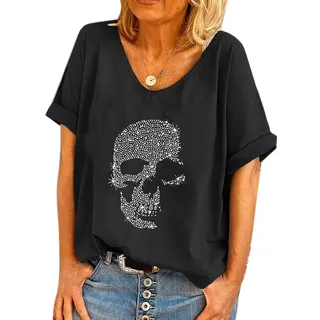 Damen Totenkopf Diamante Strass Design Baggy T Shirt Tops Punk Rock Mode Ärmellose T-Shirts - L