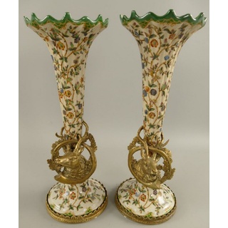 Casa Padrino Jugendstil Porzellan Vasen Set Creme / Mehrfarbig / Messing Ø 12 x H. 34 cm - Barock & Jugendstil Deko Accessoires