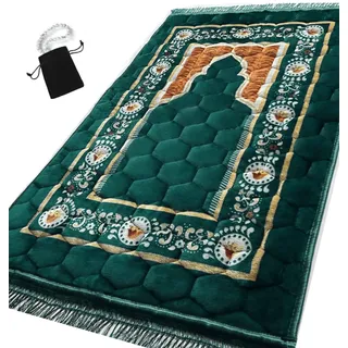 Islamika Gebetsteppich Muslimische Matte Islamisch - Türkischer Stil O Gebetsteppich Sajadah für Kinder Männer Frauen mit Islam Gebetskette für Eid Reisen Ramadan, weich und luxuriös (Grün Dl)