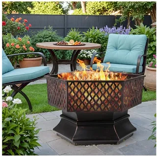 TLGREEN Feuerschale mit Grillrost und Funkenschutz, (Sechseckige Feuerstelle, Solide und Stabil), 71/66,XXXL, Feuerschalen für den Garten 71 cm x 71 cm x 63 cm