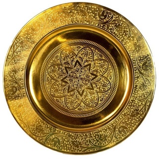 Marrakesch Orient & Mediterran Interior Tablett Orientalisches rundes Tablett aus Metall Sidra 30cm, Marokkanisches Teetablett, Orient Tablett, Orientalische Dekoration auf dem gedeckten Tisch, Handarbeit goldfarben