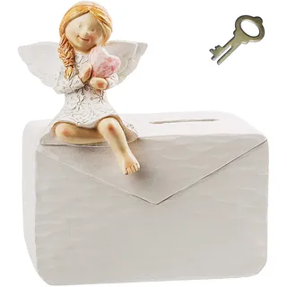 alles-meine.de GmbH große Spardose - Engel/Schutzengel mit Brief & Herz - mit Schlüssel und Schloss - stabile Sparbüchse - aus Stein Kunstharz/Polyresin - Verschluss - Sparsc..