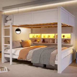 Merax 160x200cm Etagenbett, mit 6 Stauraumschränken, LED-Licht, Massivholz, Kinderbett, Stockbett, Jugendbett, Weiß - Weiß