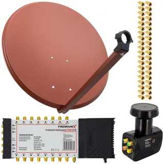 PremiumX Satelliten-Komplettanlage 80cm Satellitenschüssel Rot 5/16 Multischalter Quattro LNB 40x F-Stecker, 1 SAT bis 16 Teilnehmer