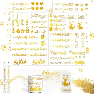 4 PCS A5 Glitzer Gold Weihnachten Kerzen Tattoos, Kerzenfolie (B) | Kerzen Tattoofolie, Blattgold Kerzenfolie, Kerzen Wasserschiebefolie, Weihnachten Kerzen Dekorieren Geschenk