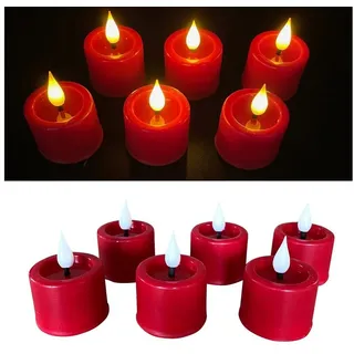 Online-Fuchs LED-Kerze als 6er Set Teelichter mit Flamme, ROT 191 (mit Echtwachs überzogen, spiegelnde Flamme), Maße: 4 x 3 cm, Fernbedienung, 6-Stunden-Timer rot