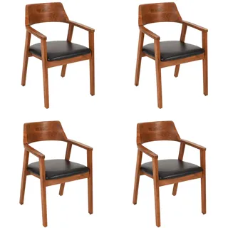 SAM 4er Set Esszimmerstuhl Angel, Akazienholz nussbaumfarben, schwarzes Echtleder, Holzstuhl mit Armlehnen, ergonomischer Massivholz-Sessel mit Leder-Bezug, Stuhl für Küche, Esszimmer & Wohnzimmer