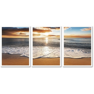 queence Bild mit Rahmen »Strand - Sonnenuntergang - Meer - Gerahmter Digitaldruck - Wandbild«, Strand Sonnenuntergang (3er-Set), 3x 30x40 cm - Triptychon - Holzrahmen - Dekoration - Weißer Rahmen bunt