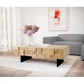 DELIFE Couchtisch Puzzle, Eiche Natur 120 cm 4 Schubfächer Fuß schwebend Metall schwarz Couchtis beige