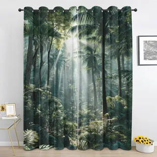 Generisch Regenwald Vorhang Blickdicht Palmen Wald Dschungel Pflanze Blätter Vorhänge Schlafzimmer, Wohnzimmer Blackout Curtain Mit ösen Thermovorhang Kälteschutz H 225 x B 140 cm 2er Set