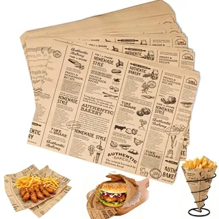 100 Blätter Deli Backpapier Zeitungsoptik, Brotpapier Zuschnitte 38x28cm cm, Bio Backpapier ohne pfas, Wrap Papier für Burger, Butterbrotpapier, Butterbrot, Käse, Pommes Frites, Kuchen