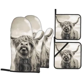 Lustiges Highland-Kuh-Ofenhandschuhe und Topflappen-Set: 4-teiliges Set für Küche, Kochen, Backen, Grillen, hitzebeständig, waschbar