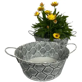 Online-Fuchs Blumentopf 2er Set Blumenschalen aus Zink im Waben-Dekor Form wählbar (Rund Oval, Metall, Silber, Grau, Vintage-Optik, Eimer), Maße: Ovale Schale ca. 30 x 19 x 11 cm. Rund ca. 22 x 25 x 11 cm grau