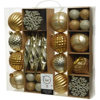 Decoris 50er Set bruchfeste Weihnachtskugeln in Gold/Champagner/Silber aus Kunststoff für innen und außen