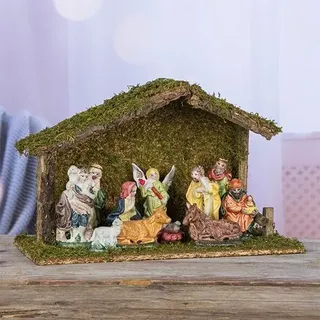 Weihnachtskrippe aus Holz Krippe mit 11 Porzellanfiguren Figuren Weihnachtsdeko