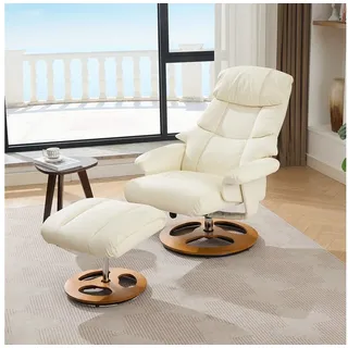 OKWISH Massagesessel Relaxsessel,Liegesessel,mit Fußhocker (Komfortabler Relaxsessel mit Massage, Heizfunktion & 360° Drehbar – Kunstleder-Leder Weiß, Massivholz-Rundfuß, Fußhocker und Liegefunktio., Relaxsessel mit Hocker), mit Relaxfunktion 81 cm x 111 cm x 83 cm