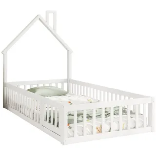 Sweiko Kinderbett Hausbett Jugendbett Funktionsbett (Gästebett mit Schornsteinform und Lattenrost,Kiefernholz,Minimalistischer Stil), 90x200 cm, ohne Matratze weiß