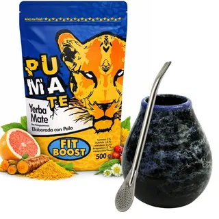 Yerba Mate Tee Set PumaTe Fit Boost 500g mit Keramik Mate Becher und Bombilla - Yerba Mate-Tee Elaborada con Palo aus Brasilien Frucht- und Kräuterzusätze - Yerba Mate Starter Set