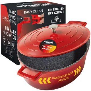 STONELINE Cocotte Bräter Induktion mit Deckel 32 cm, 6,6 L, Topf Antihaft Beschichtung mit echten Steinpartikeln, Bratentopf Schmortopf für alle Herdarten und Backofengeeignet, Farbe: Rot
