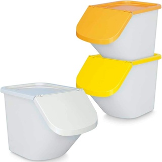 3x 40 Liter Zutatenbehälter mit Entnahmeklappe, stapelbar, Korpus weiß, Deckel gelb/orange/weiß
