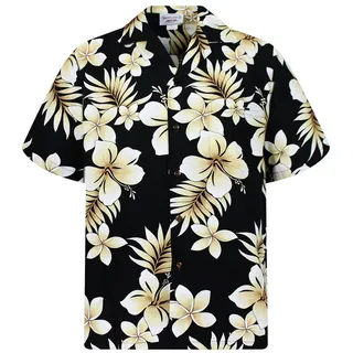 Pacific Legend Hawaiihemd "Goldblume" Herren Kurzarm Baumwolle Kokosknöpfe Original Hawaii schwarz S