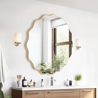 GIOVARA Wandspiegel Dekorative Wandspiegel zum Aufhängen ⌀50 cm Unregelmäßiger Wellenspiegel Moderner Industrial Spiegel Badezimmer Spiegel für Bad, Waschtisch, Wohnzimmer, Schlafzimmer
