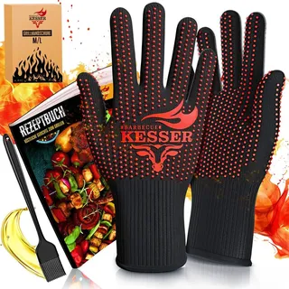KESSER® Grillhandschuhe hitzebeständig bis 500° | Ofenhandschuhe Atmungsaktiv & mit rutschfestem Griff | Topfhandschuhe aus Aramid-Gewebe | Kami... - M-L