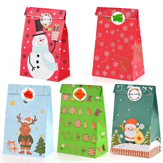 HAMOHTE Papiertüten Weihnachten, 50 Stück Bunt Geschenktüten Weihnachts mit 60 Aufkleber, Kraftpapier Klein Weihnachtstüten, Kinder Weihnachtspapiertüten Geschenk Papier Tüten für Xmas Party