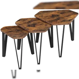 UAC 3er Set Beistelltisch mit Metallbeinen, Satztische Couchtisch, einfacher Aufbau, Industrie-Design, dreieckig, vintagebraun-schwarz