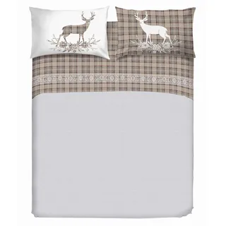 PENSIERI DELICATI Bettwäsche-Set für Ehebett aus 100% Baumwolle, Bettwäsche für Doppelbett 180x200 Inklusive Unterlaken, Oberlaken und 2 Kissenbezügen, Made in Italy, Tartan Hirsche Beige Fantasie