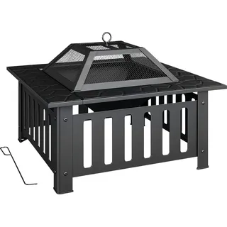 Outsunny Feuerschale 67x67x47cm aus Stahl Feuerstelle mit Funkenschutz Schürhaken Feuerschalen Feuerkorb für Garten, Balkon Terrasse, Outdoor BBQ Camping Schwarz   Aosom