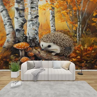 PaxGloz Fototapete Igel Waldtiere Tapete Birkenwald Herbstwald Tapeten Vliestapete Modern Wandtapete Wohnzimmer Schlafzimmer Kinderzimmer Wanddeko Motivtapeten 400 x 280 cm (B x H)