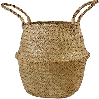 FEILANDUO Seegras-Bauchkorb, gewebter Pflanztopf mit Griff, natürlich, faltbar, Wäschekorb, Spielzeug-Aufbewahrungskörbe für Regale (natürlich, breiteste Stelle, 22 x 20 cm)