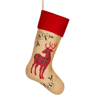 BRUBAKER Weihnachtsstrumpf zum Befüllen und Aufhängen - 52 cm großer Nikolausstrumpf aus Jute - Weihnachtsdeko Weihnachtssocke Strümpfe für Weihnachten und Nikolaus - Rentiere Rot Karomuster
