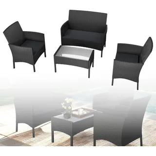 UISEBRT Balkonmöbel Set - Gartenmöbel Set Polyrattan Sitzgruppe Lounge mit 2-er Sofa, Tisch, Singlestühle und Anthrazit Sitzkissen, Schwarz