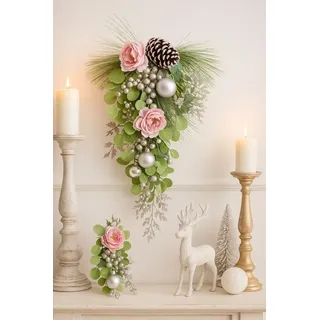 Kunstblume Wandhänger Päonie/Beeren, I.GE.A., Höhe 70 cm, Wanddeko Tanne, Eukalyptus, Zapfen, Weihnachtsdeko rosa