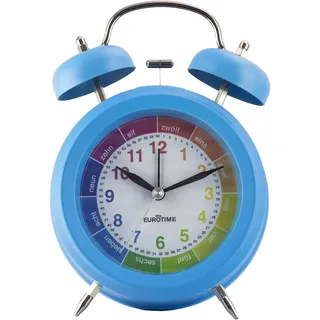Eurotime Doppelglockenwecker, Glockenalarm und Blaue LED-Beleuchtung, Lernzifferblatt, Kunststoffgehäuse und Echtglas, geräuscharmer Wecker, kein Ticken, mit Weckwiederholung, 22050