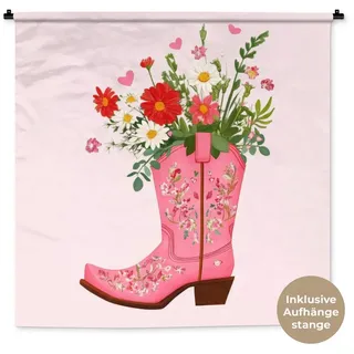 MuchoWow Wandteppich Cowboystiefel - Rosa - Strauß - Blumen, Quadratisch, Höhe: 3 mm, Wand Teppich Wohnzimmer, Schlafzimmer, 150x150 cm Quadratisch | 150 cm x 150 cm x 3 mm