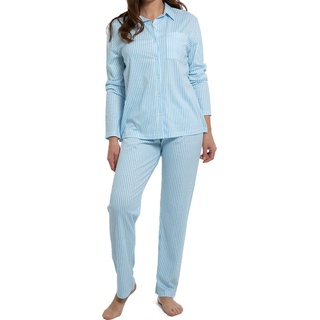 Mey, Damen, Pyjama, Night2Day Schlafanzug - Organic Cotton lang, Blau, (44)