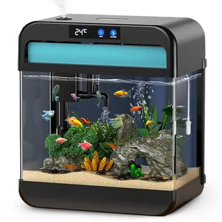 Selbstreinigendes Aquarium 13L Komplettset Nano Aquarium Mini Aquarium mit 3-in-1 Filter, LED Beleuchtung und Touch Display, integrierter Luftbefeuchter zur Unterstützung der Wasserqualität
