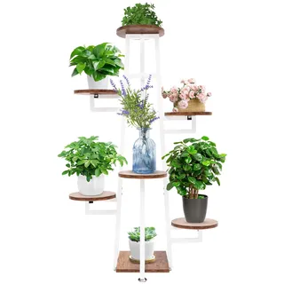 NoneDanGee 7-Tier Hölzern Blumenregal Pflanzenregal, Pflanzenständer Blumenbank, Mehrstöckig Blumenständer Pflanzentreppe Standregal für Innen Außen Garten Balkon Deko (Weiß)