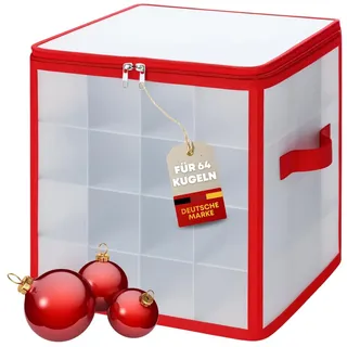 Quality-Collection Weihnachtskugeln Aufbewahrungsbox faltbar, Größe S | Aufbewahrung für 64 Christbaumkugeln bis Ø 7 cm · Einzelfächer · fester Kunststoff · Reißverschlussdeckel · Tragegriffe