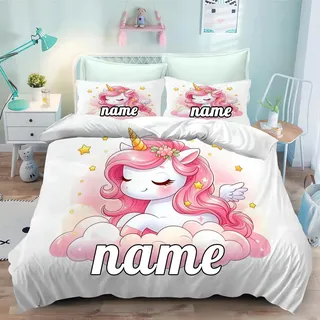 CHEFFS Personalisierte Bettwäsche mit Name Text, Einhorn Bettwäsche 135x200cm Kinderbettwäsche Einhorn Mädchen Bettbezug Set mit Reißverschluss (135 x 200 cm,1)